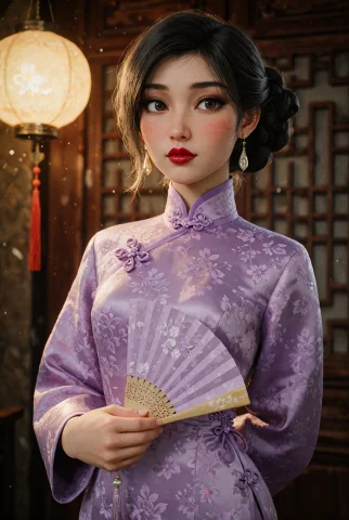 The Image Shows A Woman Dressed In A Beautiful, Lavender-col... — Stable Diffusion AI Prompt: The image shows a woman dressed in a beautiful, lavender-colored cheongsam (qipa...