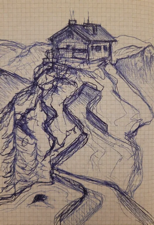 2kd00dl3, Sketch Made With A Blue Pen On Graph Paper. A Moun...