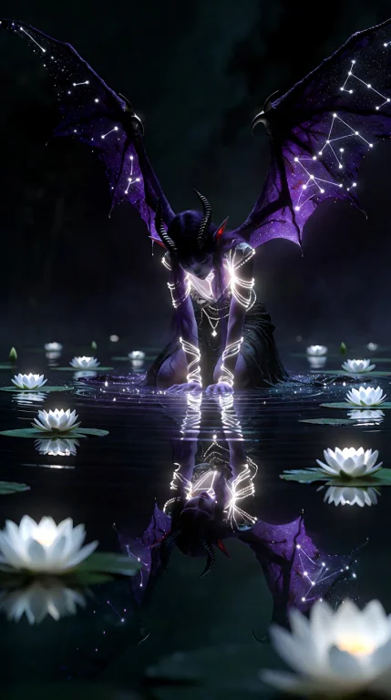 A Dark Purple-skinned Elf With Large Bat Wings Is Not Kneeli...