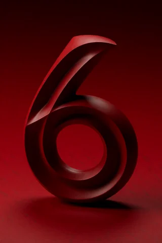 A Number Six Constructed From Intersecting Rings Stands Alon... — Stable Diffusion AI Prompt: A number six constructed from intersecting rings stands alone on a deep red fiel...