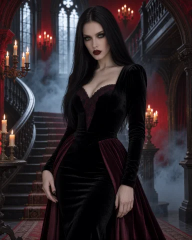Polina, Elegant Gothic Vampire Countess, Pale Skin, Long Hai... — Stable Diffusion AI Prompt: Polina, elegant gothic vampire countess, pale skin, long hair, intense direct ga...