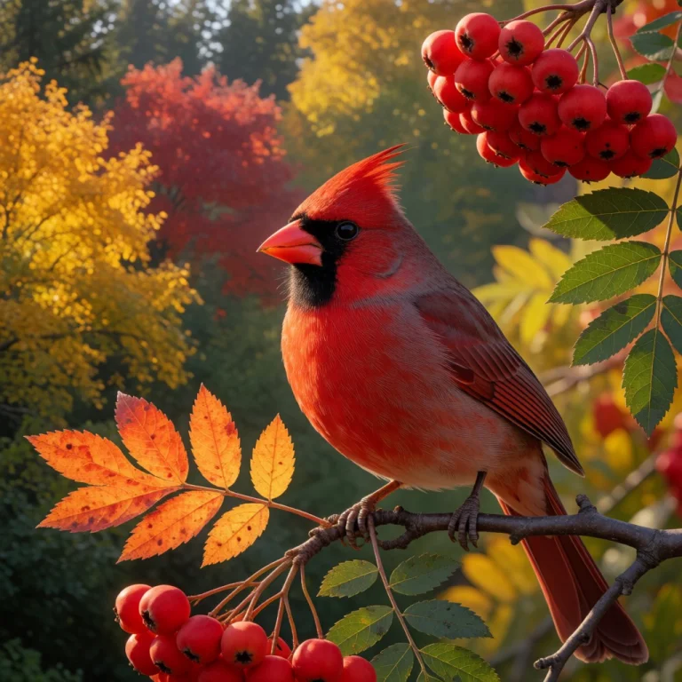 Close-up Cardinal Bird In A Mountain Ash Tree With Fruit And...