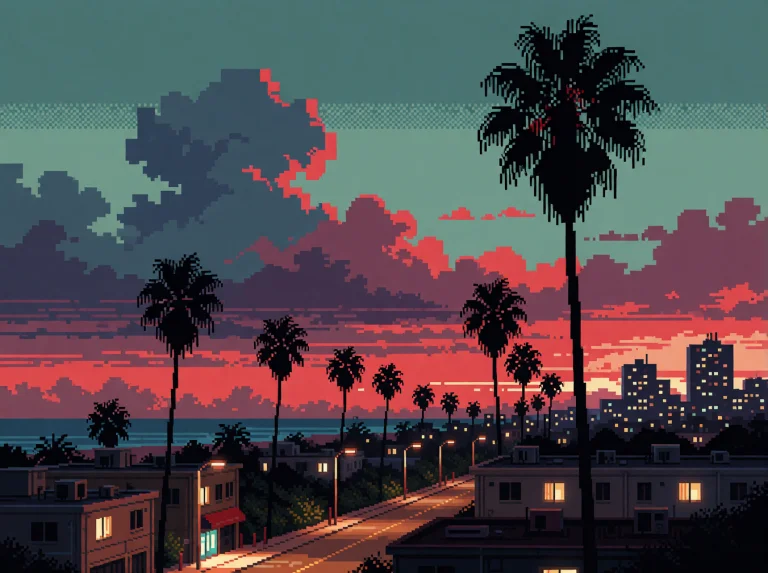 Create A Retro Pixel Art City Scene At Dusk With Tall Black...