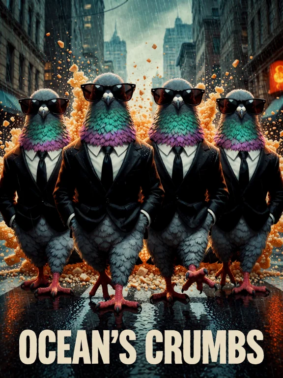 Four Anthropomorphic Pigeons In Black Suits And Dark Sunglas...