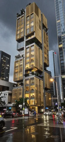 This Architectural Photograph Captures A Futuristic Skyscrap... — Stable Diffusion AI Prompt: this architectural photograph captures a futuristic skyscraper with a textured g...