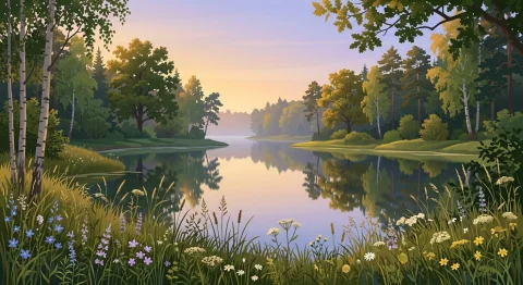 A Beautiful Peaceful Forest Lake Surrounded By Lush Summer V... — Stable Diffusion AI Prompt: A beautiful peaceful forest lake surrounded by lush summer vegetation. The lake...
