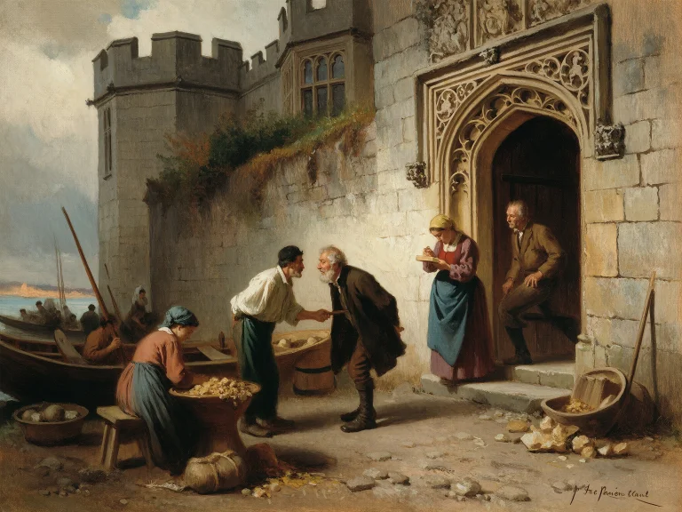 A British Coastal Market Beside The Imposing Stone Entrance...