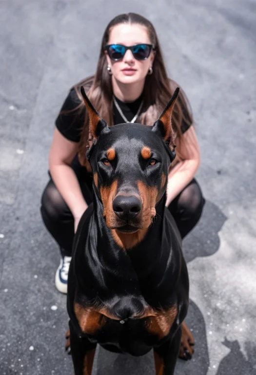 A Sleek Dobermann Staring Directly Into The Camera On An Urb...