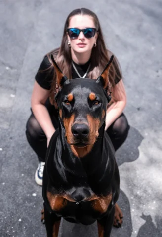 A Sleek Dobermann Staring Directly Into The Camera On An Urb... — Stable Diffusion AI Prompt: A sleek Dobermann staring directly into the camera on an urban street, exuding i...