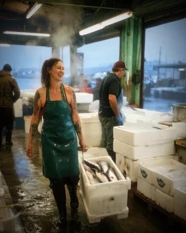 A Woman In Her Forties With Tattooed Forearms And A Rubber A... — Stable Diffusion AI Prompt: A woman in her forties with tattooed forearms and a rubber apron hauls an ice-pa...
