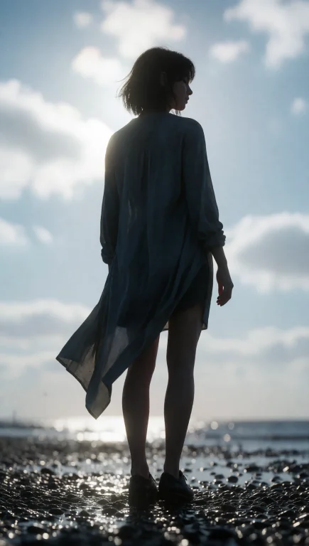 A Lone Young Woman Stands In Full Silhouette Against A Brigh...