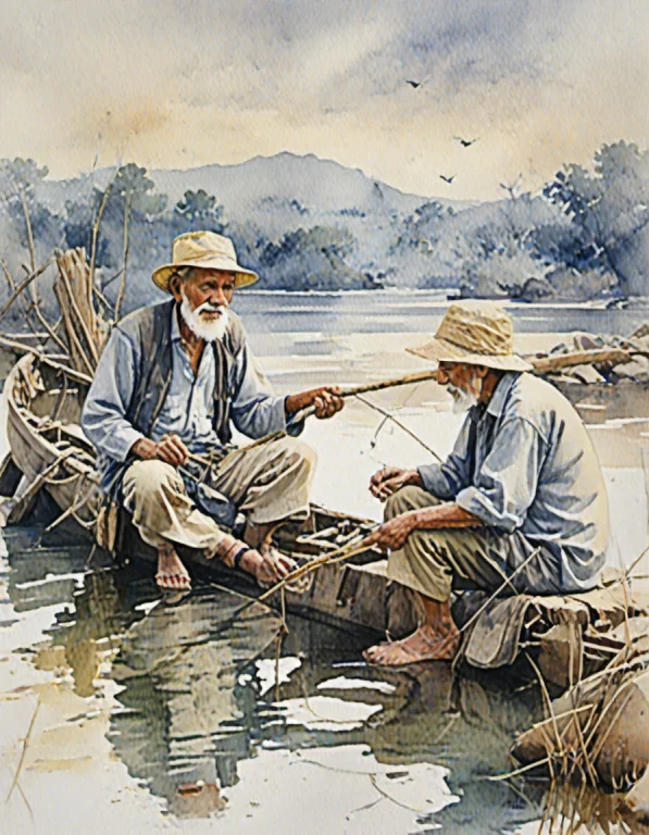 Chahamanstylewatercolor,an Old Man Fishing