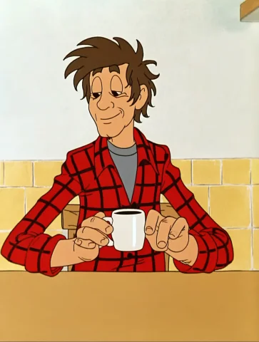 Soyuzmultfilmstyle, A Medium Shot Of A Tall, Lanky Human Man... — Stable Diffusion AI Prompt: soyuzmultfilmstyle, a medium shot of a tall, lanky human man sitting at a wooden...