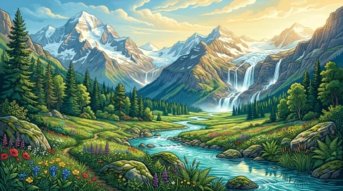 A Richly Colored Full-bleed Vector Landscape Depicting A Mag... — Stable Diffusion AI Prompt: A richly colored full-bleed vector landscape depicting a magnificent alpine vall...