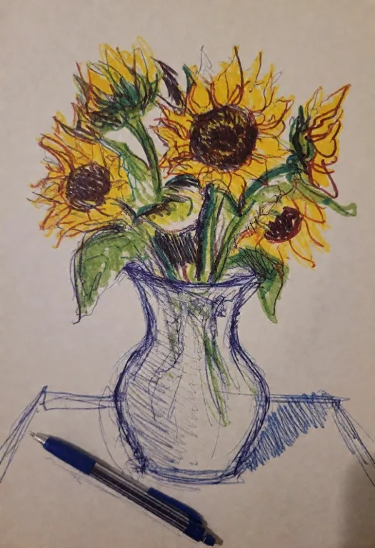 2kd00dl3,a Sketch Done With A Blue Pen And Colored Markers.a...