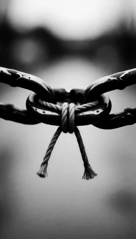 This Black-and-white Photograph Features A Close-up Of A Met... — Stable Diffusion AI Prompt: This black-and-white photograph features a close-up of a metal chain with two la...