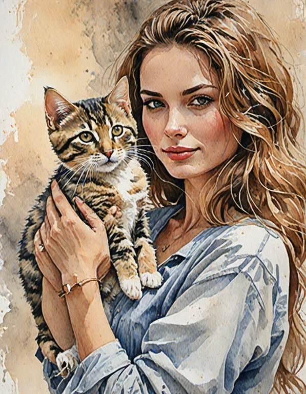Chahamanstylewatercolor,1beautiful Woman Holding A Kitten