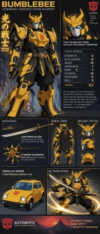 G1 Bumblebee As A Legendary Armored Roninwarriors With Tech... — Stable Diffusion AI Prompt: G1 BumbleBee as a legendary armored RoninWarriors with Tech Specs