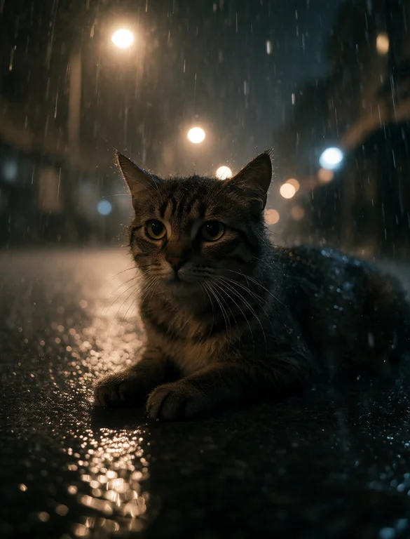 A Stray Cat Lies Alone On A Dimly Lit Street Corner During A...