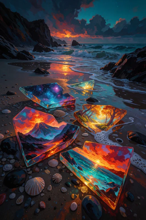 A Surreal Fantasy Beach At Twilight With Broken Magical Glas...