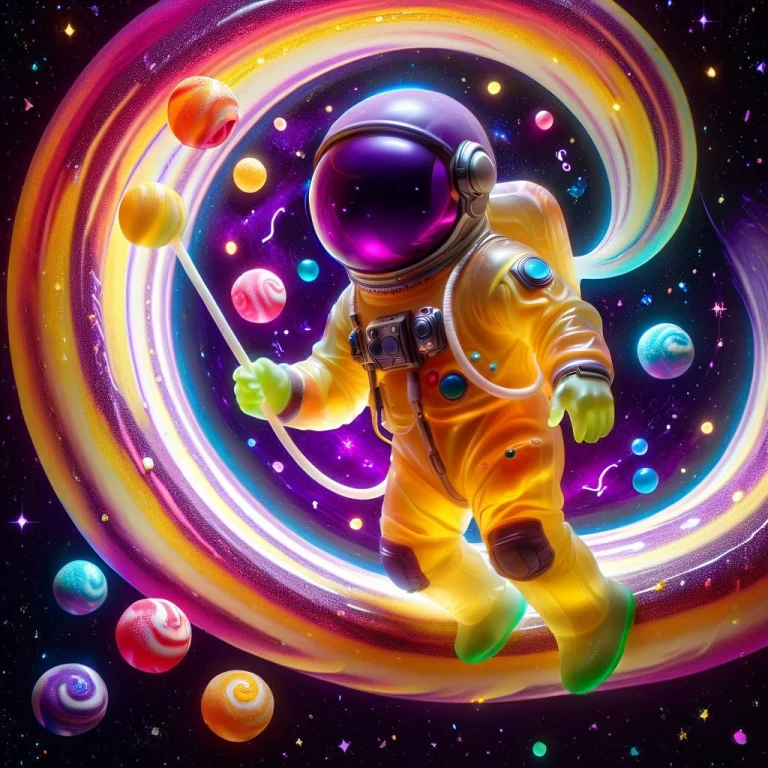 A Brave Astronaut In A Translucent Gummy Space Suit Floating...