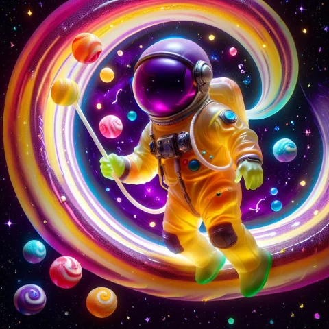 A Brave Astronaut In A Translucent Gummy Space Suit Floating... — SDXL AI Prompt: A brave astronaut in a translucent gummy space suit floating through a galaxy of...
