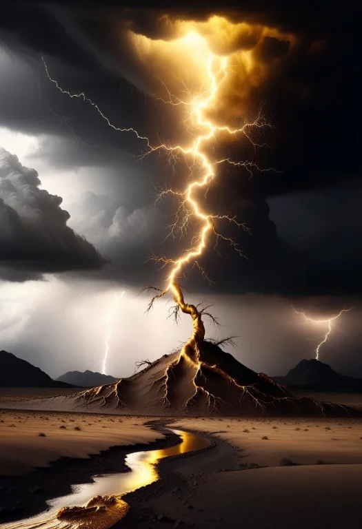 Liquidgoldmorph, A Single Massive Lightning Bolt Striking A...