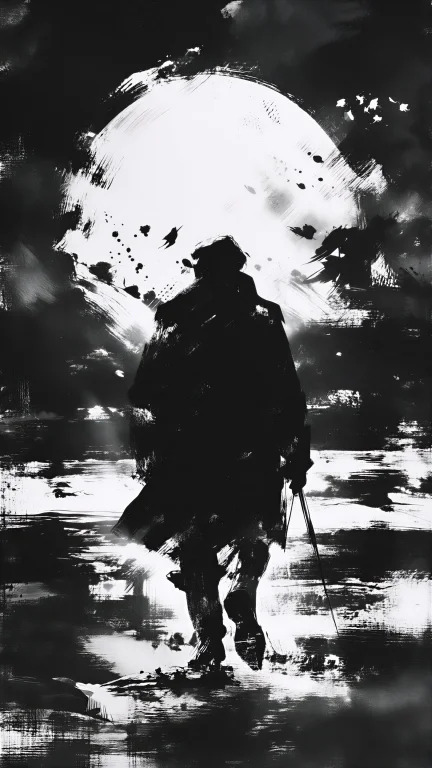 A Stark High-contrast Ink-wash Illustration Of A Lone Wander...
