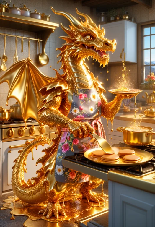 Hdr, 8k, A Dragon Cooking Pancakes In A Tiny Kitchen, Made O...