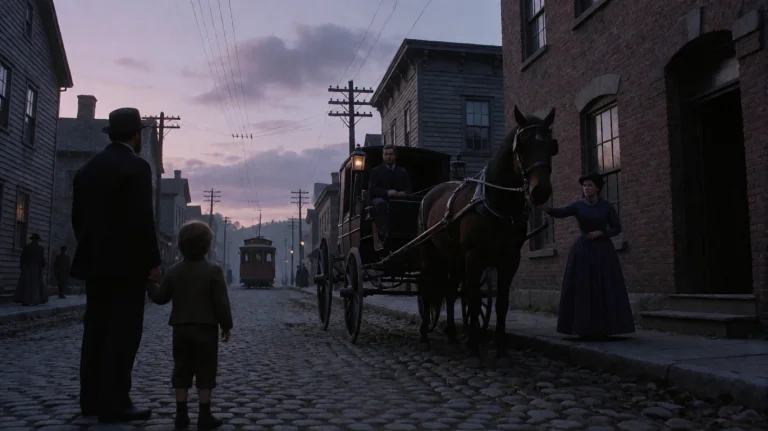 Lstsmr2003, A Man And A Child Stand On A Cobblestone Street,...