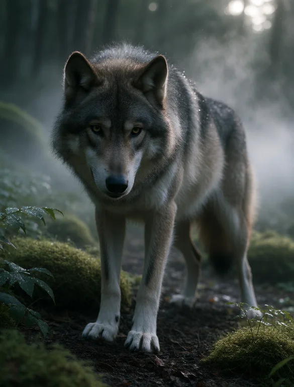 A Powerful Wolf With Thick, Gray And Silver Fur Stands Alert...