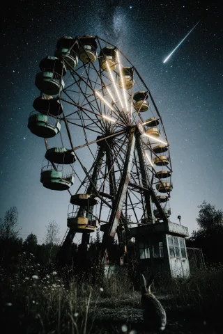 Zidiusart. A Photograph Of An Old, Abandoned Ferris Wheel St... — Stable Diffusion AI Prompt: ZIDIUSART. A photograph of an old, abandoned Ferris wheel standing alone in a da...