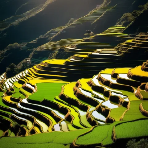 Terraced Rice Paddies Stepping Down A Hillside, Spotlight, S... — SDXL AI Prompt: terraced rice paddies stepping down a hillside, spotlight, soft focus, layered d...