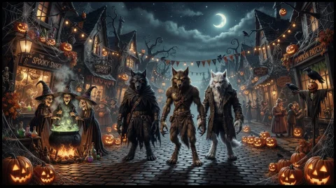 169 Cinematic Widescreen. Tim Burton Style. Nighttime. Werew... — Stable Diffusion AI Prompt: 16:9 cinematic widescreen. Tim Burton style. Nighttime. Werewolves. Witches. Cau...