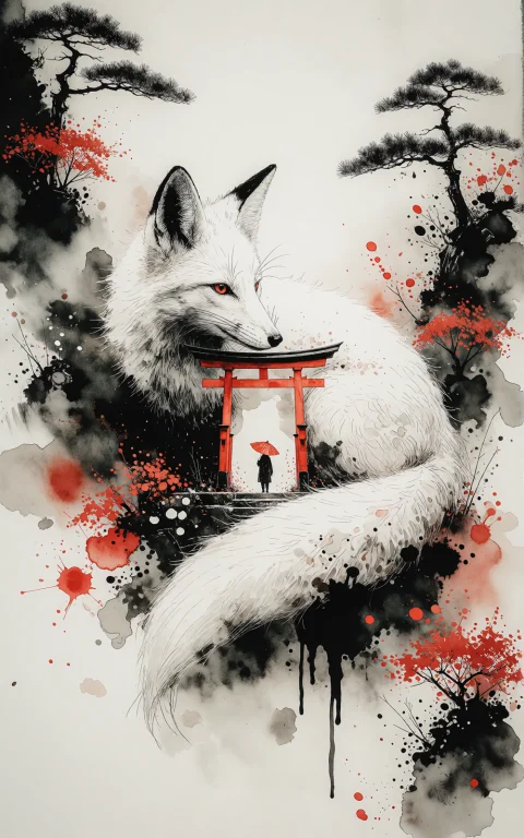 Japanese-inspired Ink And Watercolor Illustration On Warm Iv...