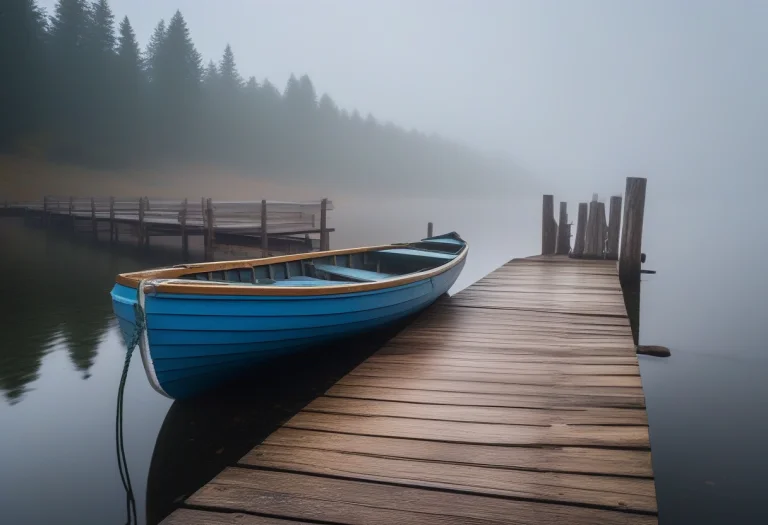 A Rowboat Tied At A Foggy Wooden Dock, Overcast Light, Dynam...