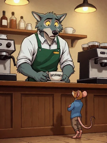 A Tall Anthropomorphic Gray Wolf Barista In A Green Apron St... — Stable Diffusion AI Prompt: A tall anthropomorphic gray wolf barista in a green apron stands behind a coffee...
