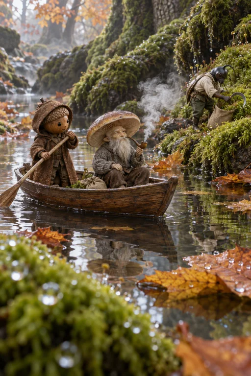 Macro Image. A Fantasy Acorn Person Is Rowing In A Tiny Wood...