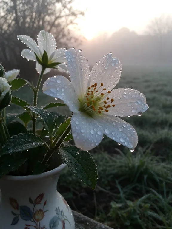 Close-up Of A Delicate Flower Vase Placed Outdoors On A Cold...