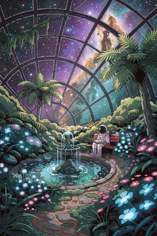 A Carlesdalmau Style Illustration Of A Vast, Domed Botanical...