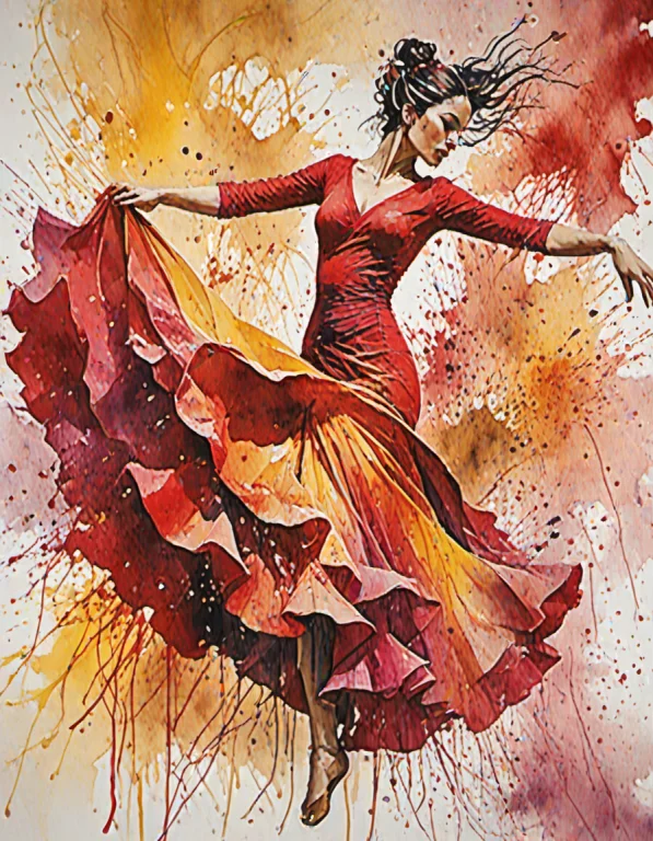 An Abstract, High-energy Watercolor Painting Of A Flamenco D...