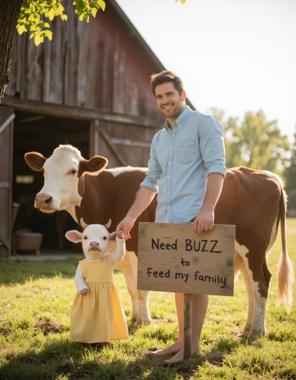 Cinematic Photo Of A Family Portrait Of A Man, Cow And Calf....