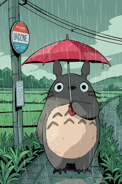 Carles Dalmau. Totoro Holding A Red Umbrella Under An Heavy...