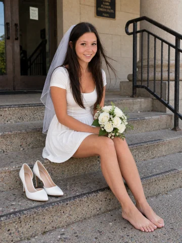 Photo Of A Young Woman, Sitting On The Steps Outside A Court... — Stable Diffusion AI Prompt: photo of a young woman, sitting on the steps outside a courthouse after a tiny w...