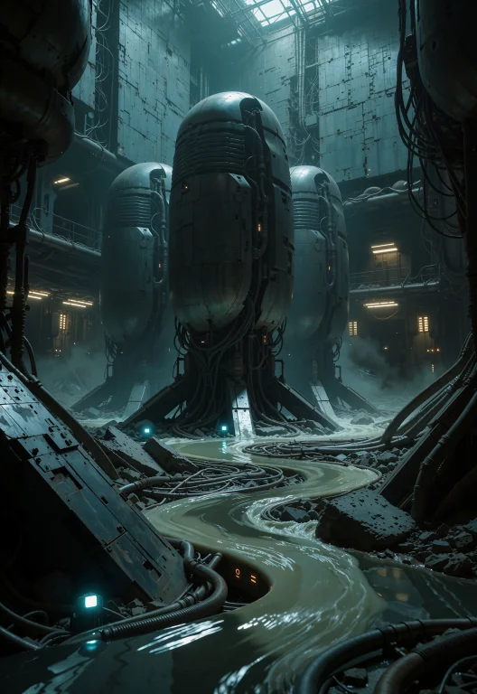 This Is A Post-apocalyptic Scene Within A Dimly Lit, Industr...