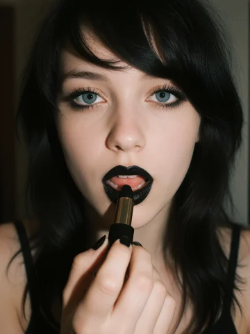 Close-up Photo Of An Emo Woman Applying Black Lipstick. — Stable Diffusion AI Prompt: Close-up photo of an emo woman applying black lipstick.