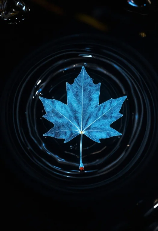 A Single Glowing Neon-blue Autumn Leaf Submerged Under Heavy...