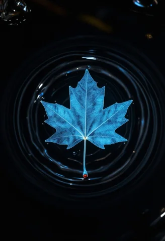 A Single Glowing Neon-blue Autumn Leaf Submerged Under Heavy... — Stable Diffusion AI Prompt: A single glowing neon-blue autumn leaf submerged under heavy black water, rippli...
