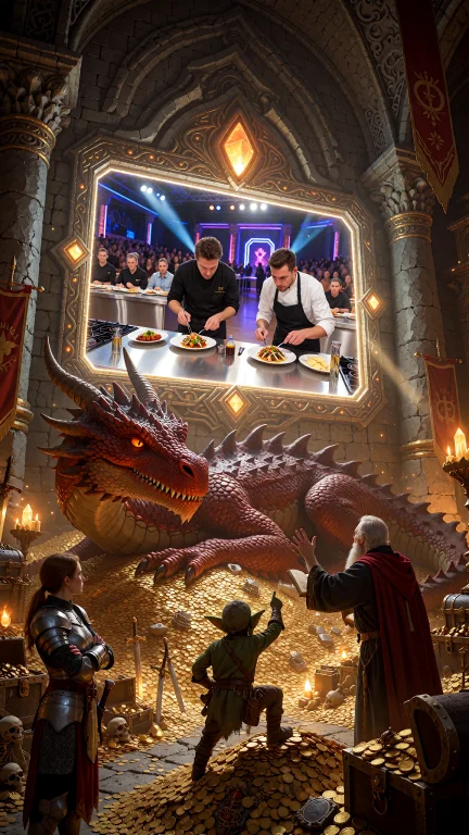 Inside A Vast Dragon Treasure Hall, A Large Flat Viewing Scr...