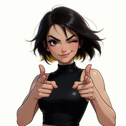Waist-up And Pointing Double Finger-guns Straight At The Vie... — Stable Diffusion AI Prompt: Waist-up and pointing double finger-guns straight at the viewer, a woman winks o...